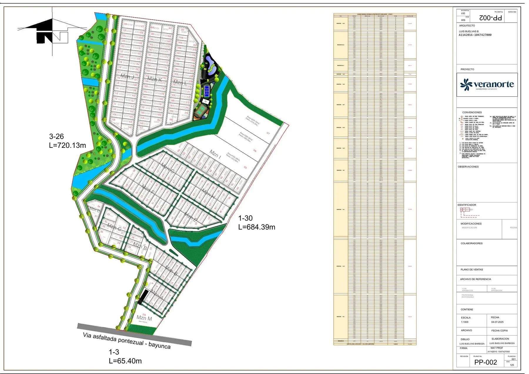 Plano urbanístico de Veranorte Etapa 2 con la distribución de lotes, vías y zona social